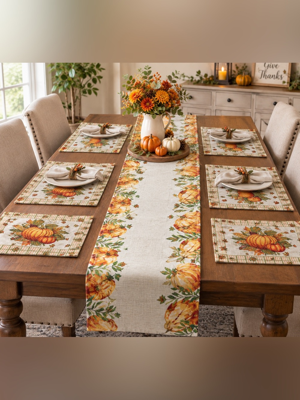 Set 5 Harvest Pumpkin Table Runner & Platemat Fall Dining Accent🍂🍁🌾
